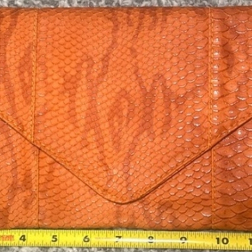 Orange Clutch Purse, inside zipper, 2 additional pockets, magnetic shut, snake t - Picture 2 of 9